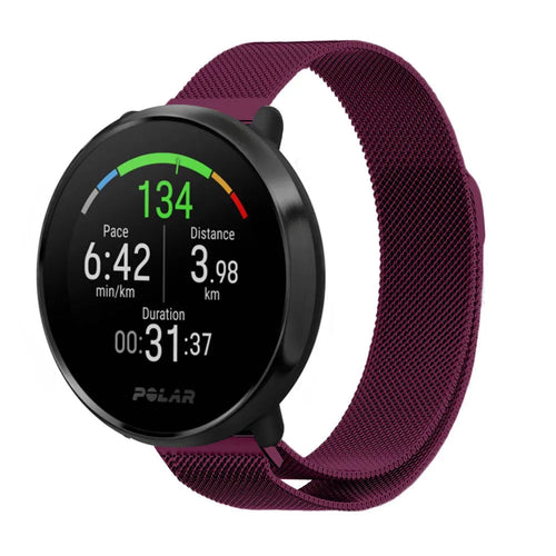 Milanese Strap, purple, on a watch, 3/4 front view