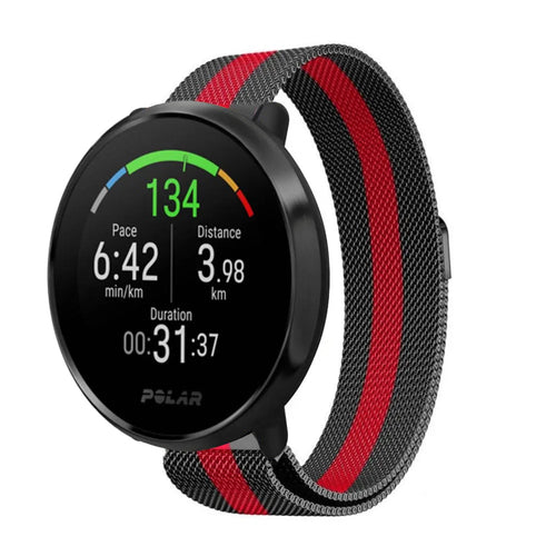 Milanese Strap, black/red, on a watch, 3/4 front view
