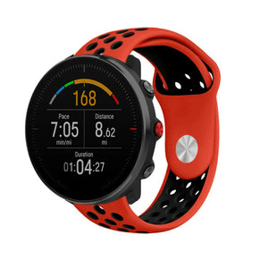 Silicone Sport Strap, red/black, on a watch, 3/4 front view