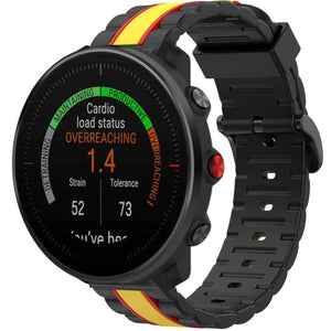 Silicone Special Edition Strap, black/yellow, on a watch, 3/4 front view