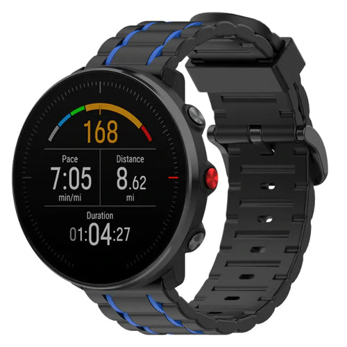Silicone Sport Strap with Buckle, black/blue, on a watch, 3/4 front view