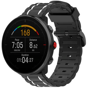 Silicone Sport Strap with Buckle, black/white, on a watch, 3/4 front view