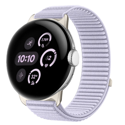 Wave Nylon Strap, light purple, on a watch, 3/4 front view