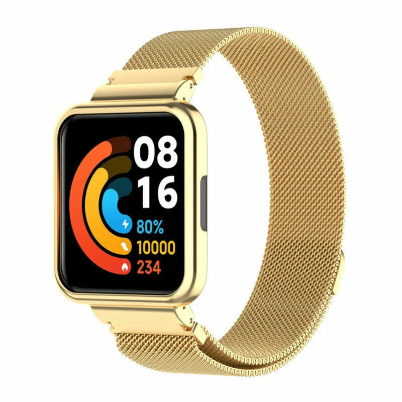 Milanese Strap, gold, on a watch, 3/4 front view
