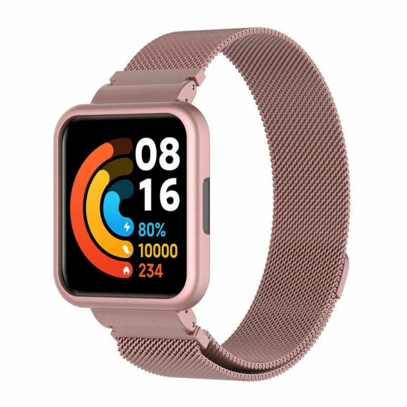 Milanese Strap, pink, on a watch, 3/4 front view