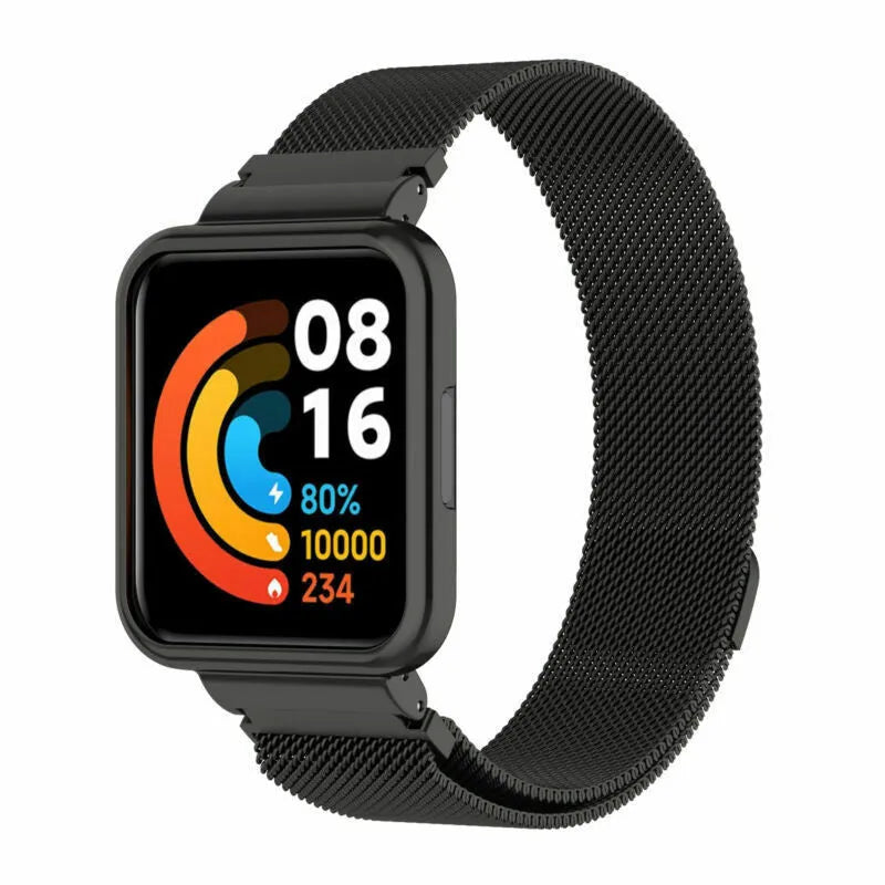 Milanese Strap, black, on a watch, 3/4 front view
