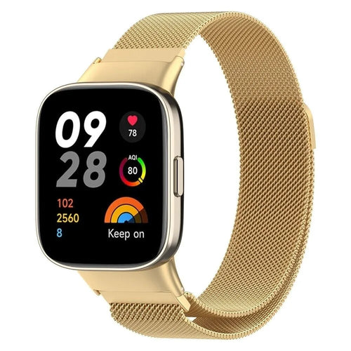 Milanese Strap, gold, on a watch, 3/4 front view