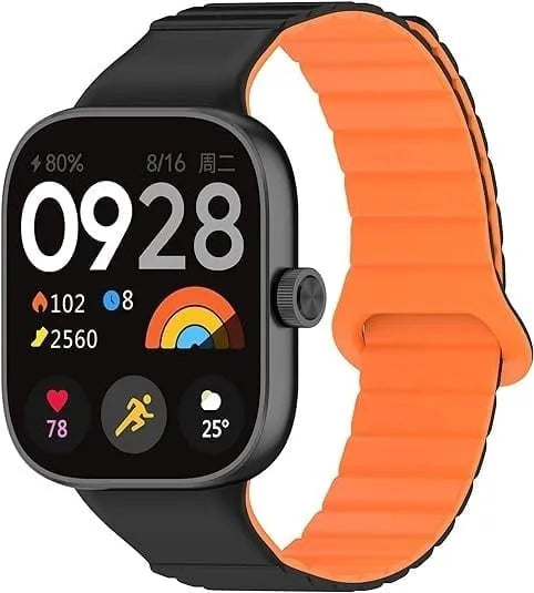 Magnetic Silicone Strap, black/orange, on a watch, 3/4 front view