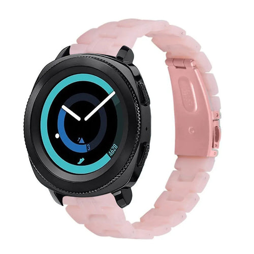 Metal Resin Strap, pink, on a watch, 3/4 front view
