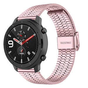 Fine Steel Strap, pink, on a watch, 3/4 front view