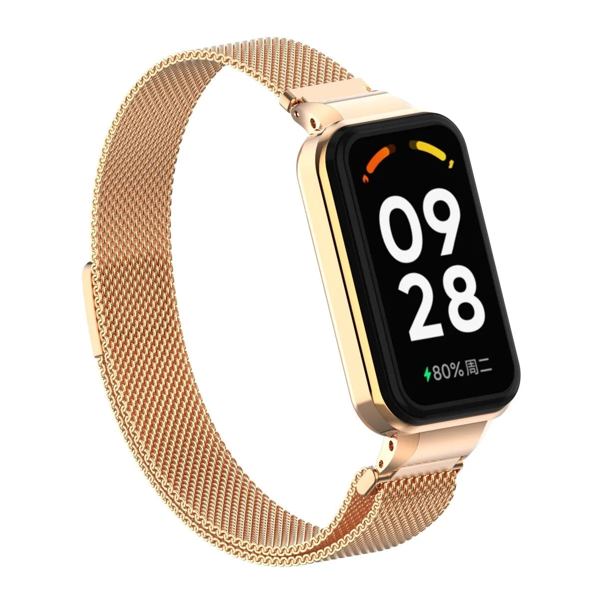 Milanese Strap, rose gold, on a watch, 3/4 front view