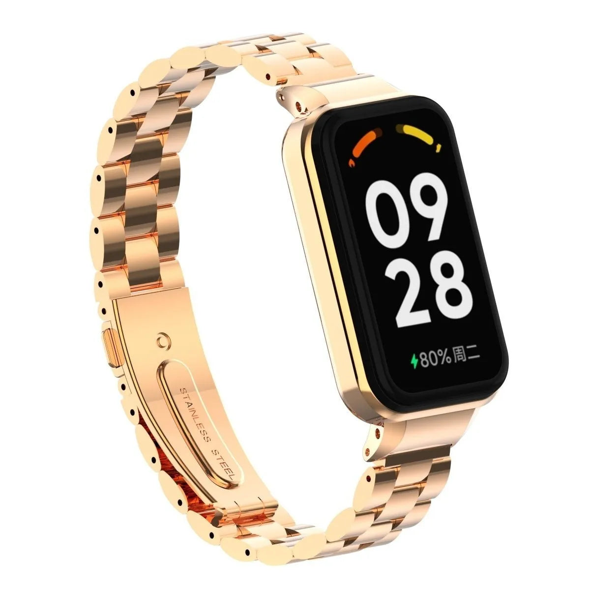Steel Strap, rose gold, on a watch, 3/4 front view