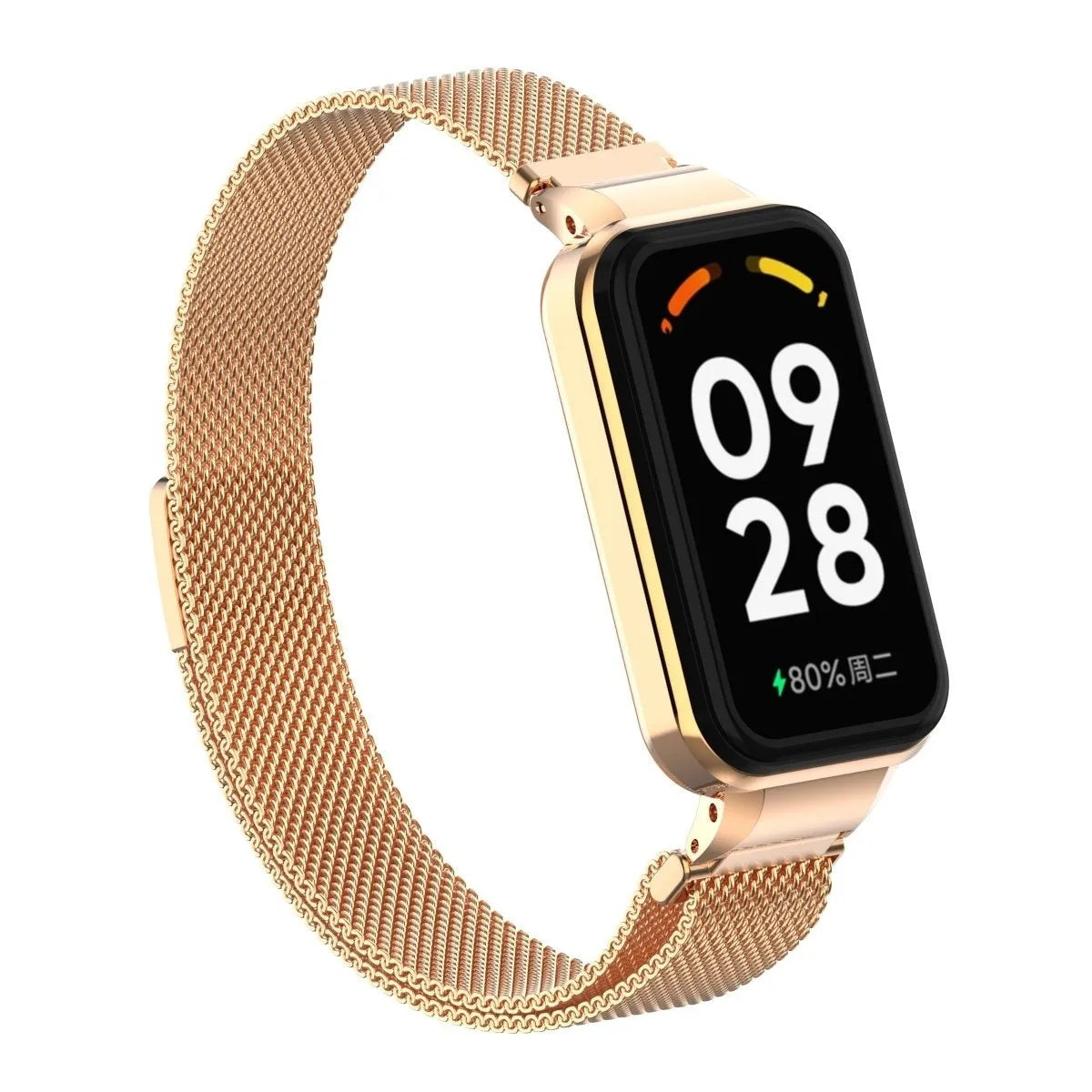 Milanese Strap, rose gold, on a watch, 3/4 front view