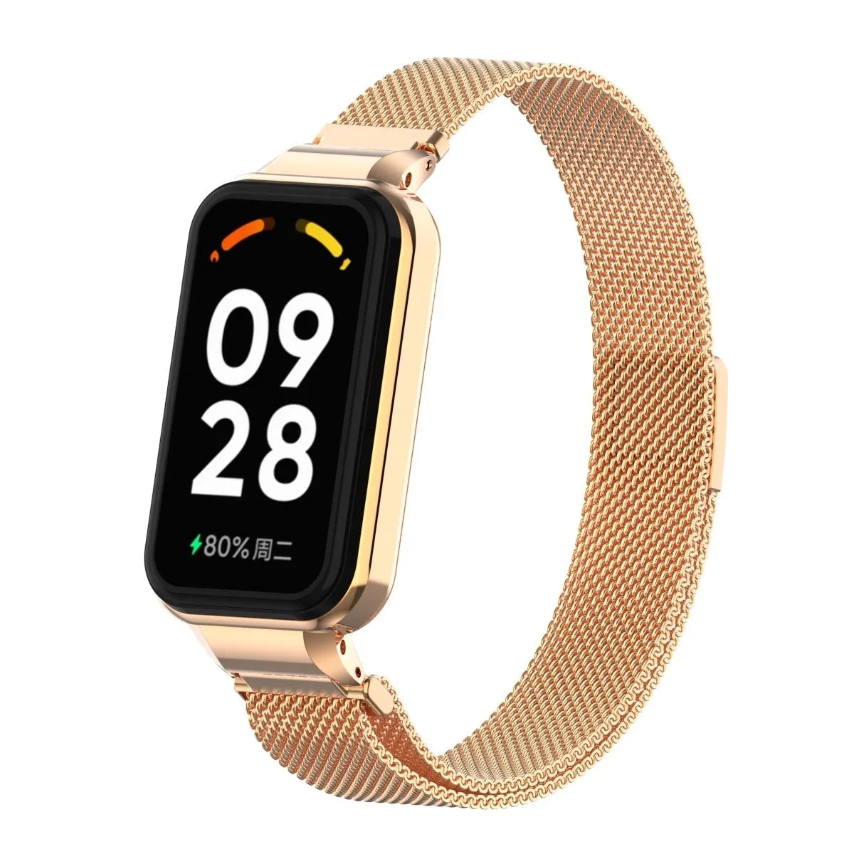 Milanese Strap, rose gold, on a watch, 3/4 front view