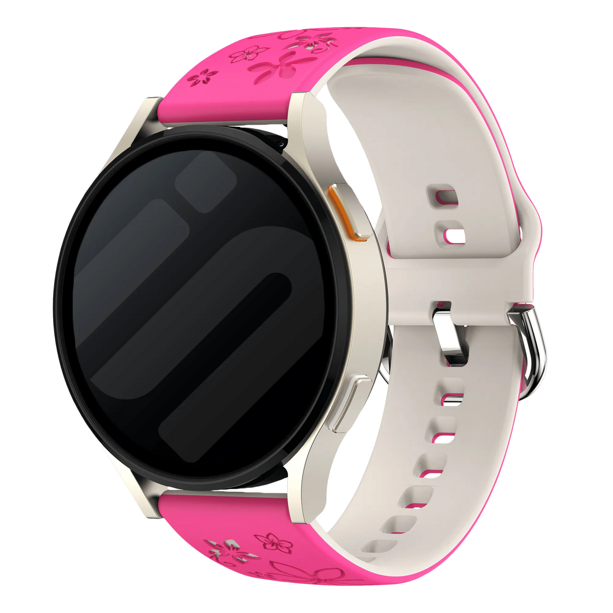 Flower Silicone Strap, bright pink/starlight, on a watch, 3/4 front view