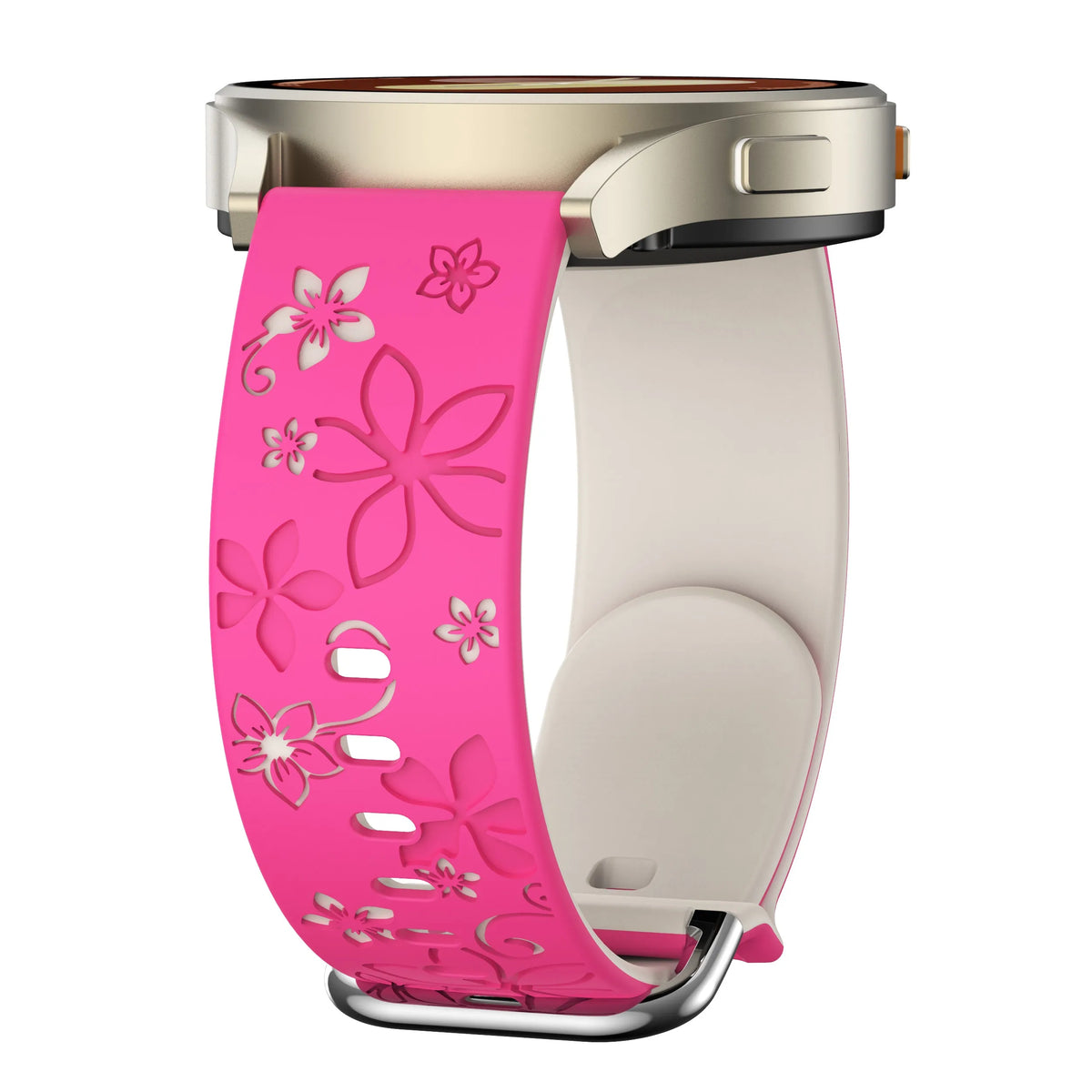 Flower Silicone Strap, bright pink/starlight, on a watch, 3/4 front view
