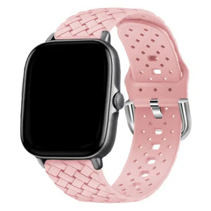 Braided Silicone Strap, pink, on a watch, 3/4 front view