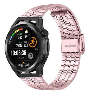 Fine Steel Strap, pink, on a watch, 3/4 front view