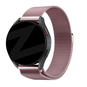 Milanese Loop Strap, pink, on a watch, 3/4 front view