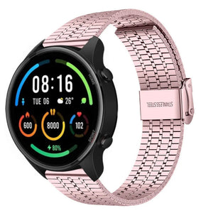 Fine Steel Strap, pink, on a watch, 3/4 front view