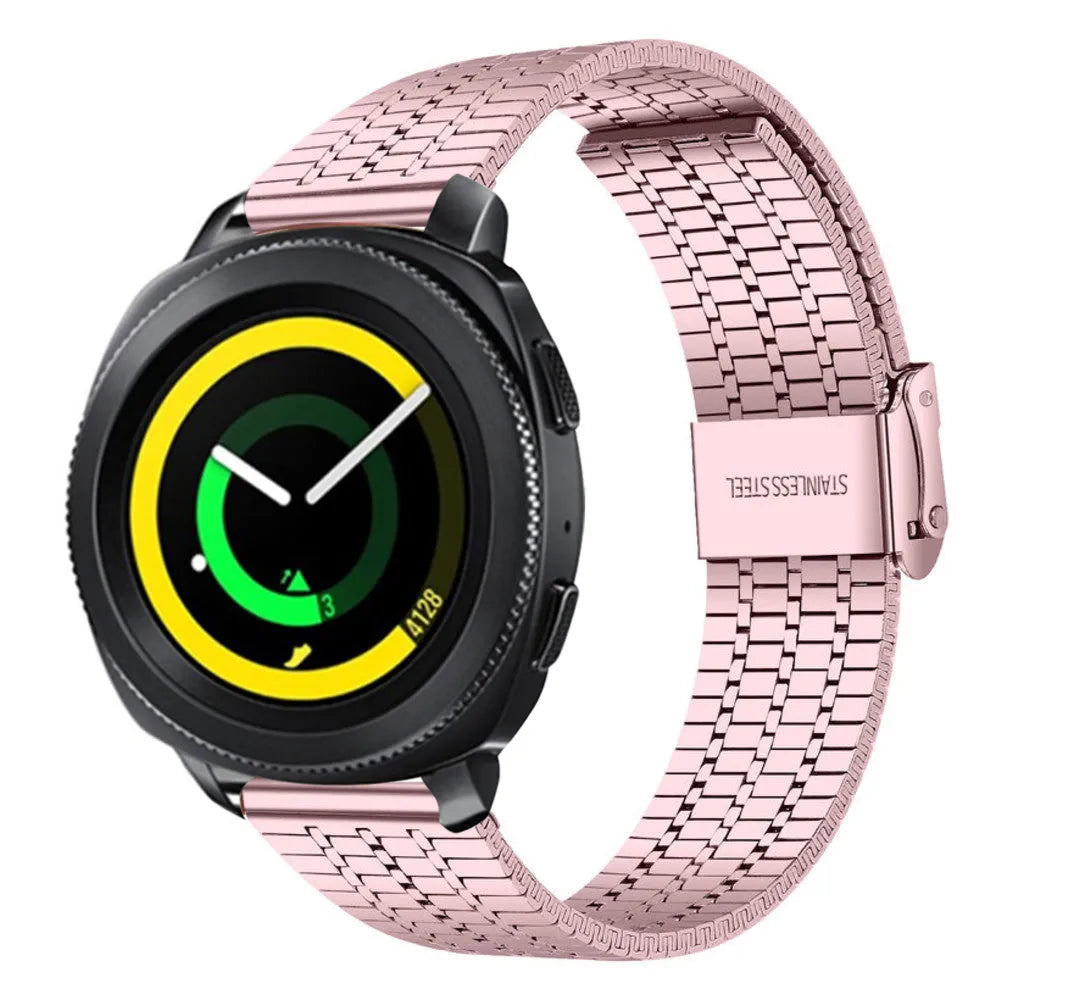 Fine Steel Strap, pink, on a watch, 3/4 front view