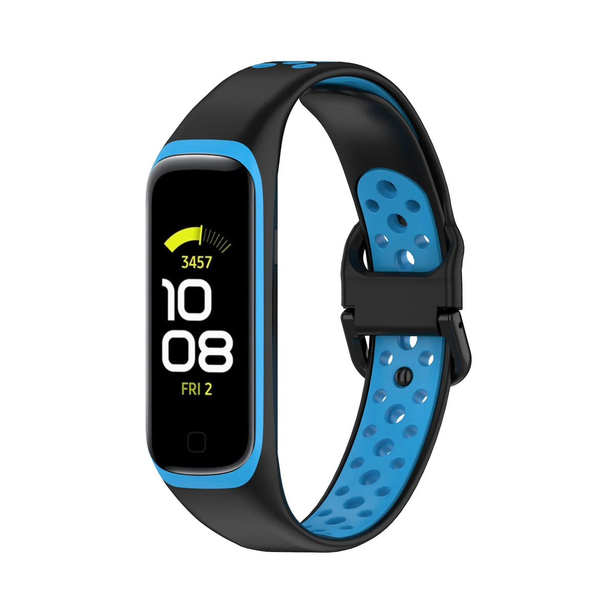 Silicone Sport Strap, black/blue, on a watch, 3/4 front view