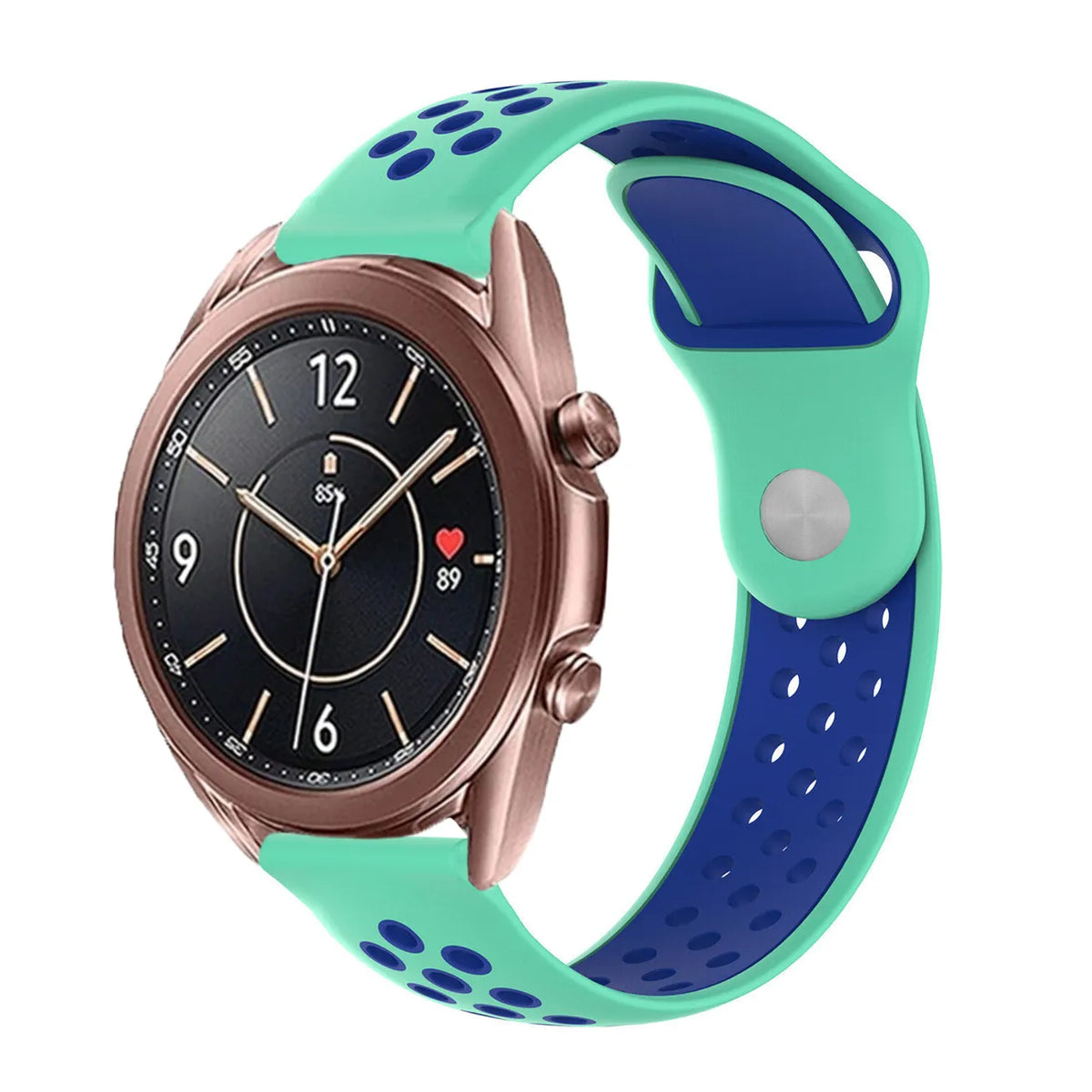 Silicone Sport Strap, aqua/blue, on a watch, 3/4 front view
