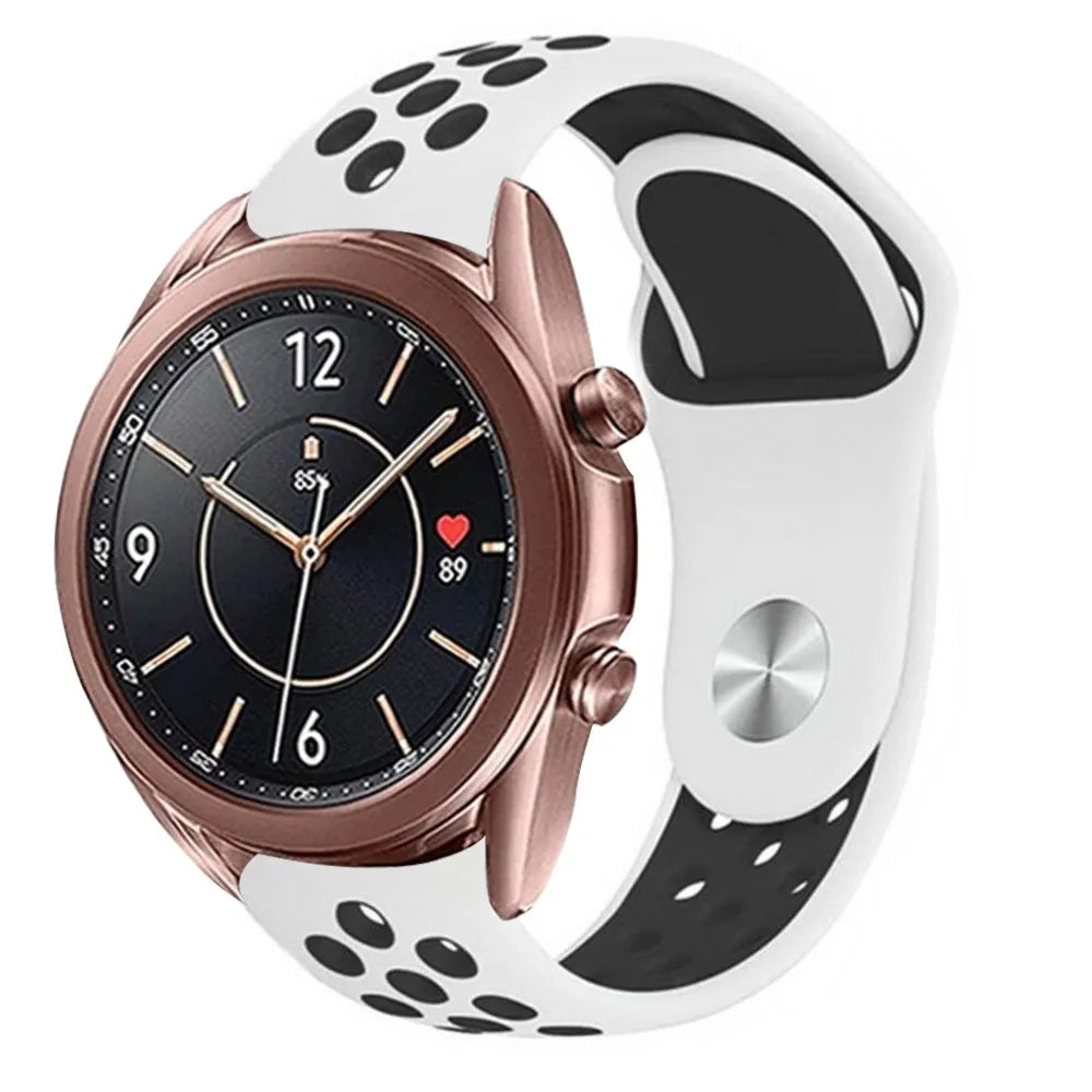 Silicone Sport Strap, white/black, on a watch, 3/4 front view