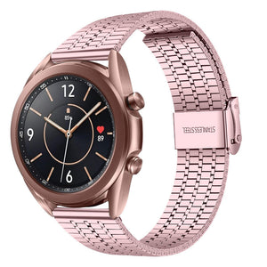 Fine Steel Strap, pink, on a watch, 3/4 front view