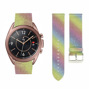 Leather Strap with Glitters, rainbow, on a watch, 3/4 front view