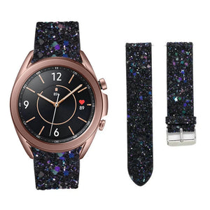 Leather Strap with Glitters, black, on a watch, 3/4 front view