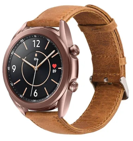 Leather Strap, brown, on a watch, 3/4 front view