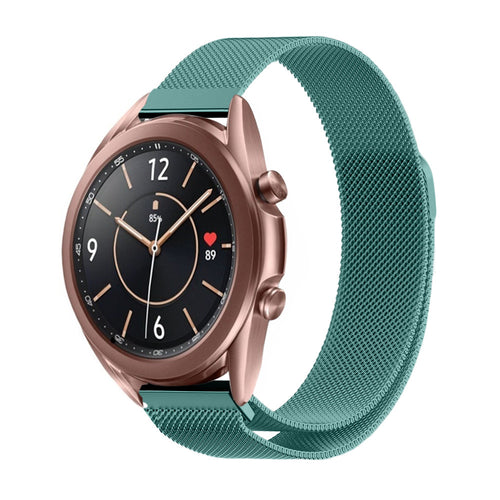 Milanese Strap, green, on a watch, 3/4 front view