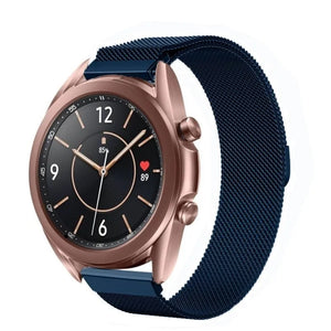 Milanese Strap, blue, on a watch, 3/4 front view