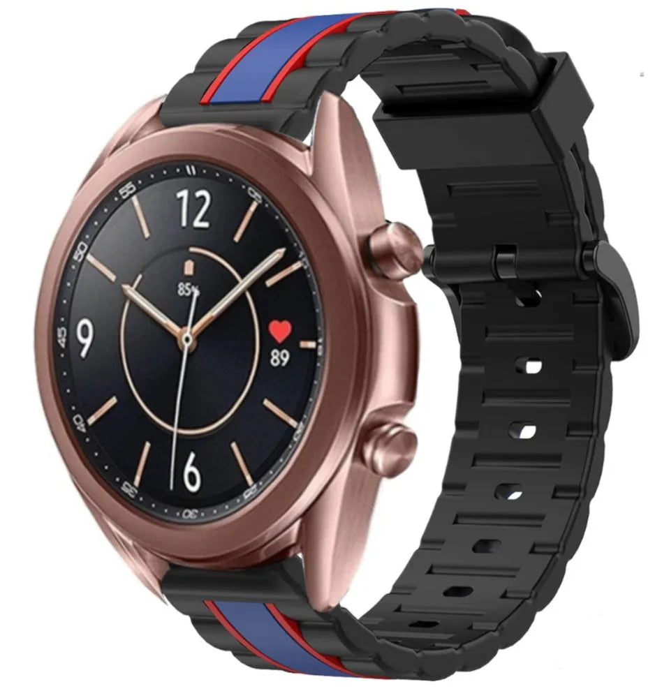 Silicone Special Edition Strap, black/blue, on a watch, 3/4 front view