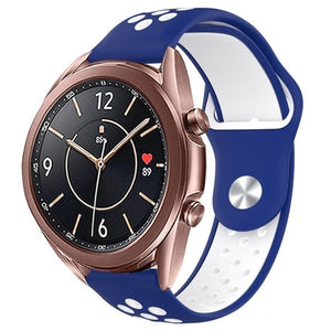Silicone Sport Strap, blue/white, on a watch, 3/4 front view