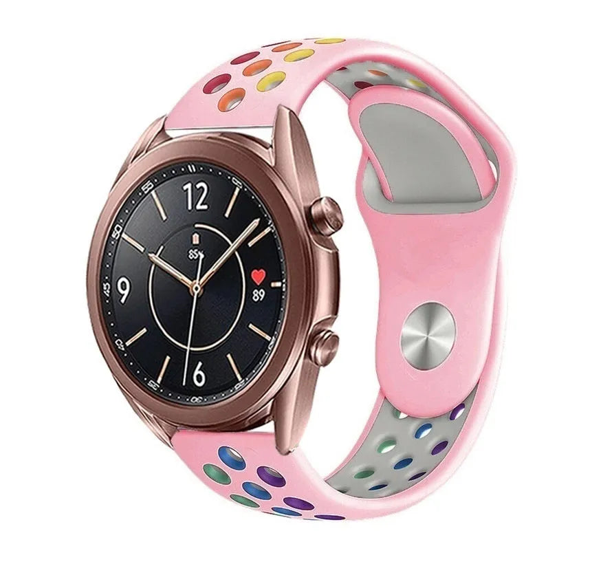 Silicone Sport Strap, pink/colourful, on a watch, 3/4 front view