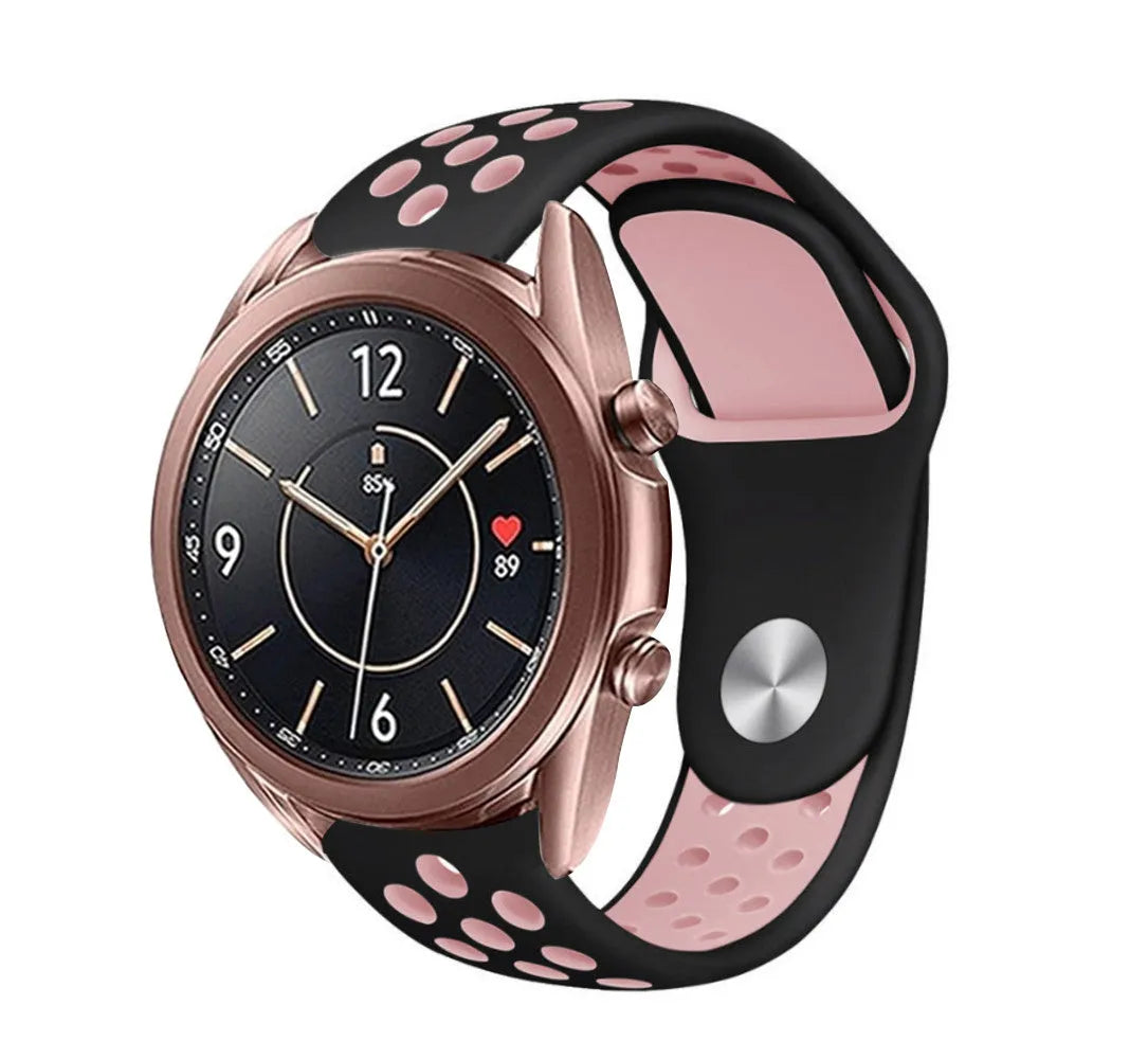 Silicone Sport Strap, black/pink, on a watch, 3/4 front view