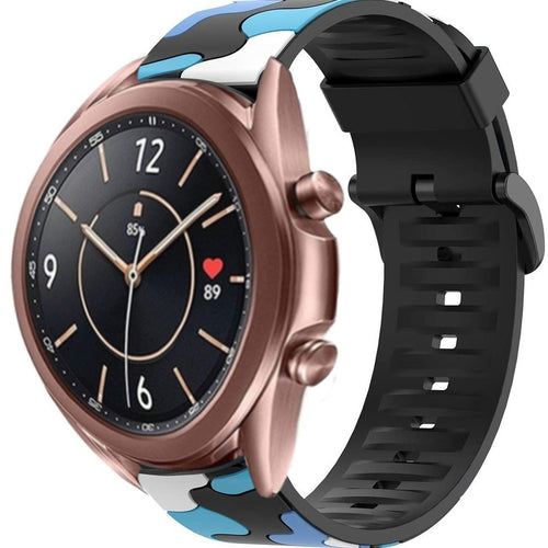Silicone Camo Strap, blue, on a watch, 3/4 front view