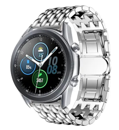 Steel Dragon Strap, silver, on a watch, 3/4 front view