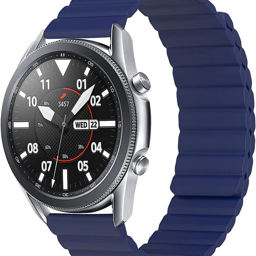Magnetic Silicone Strap, blue, on a watch, 3/4 front view
