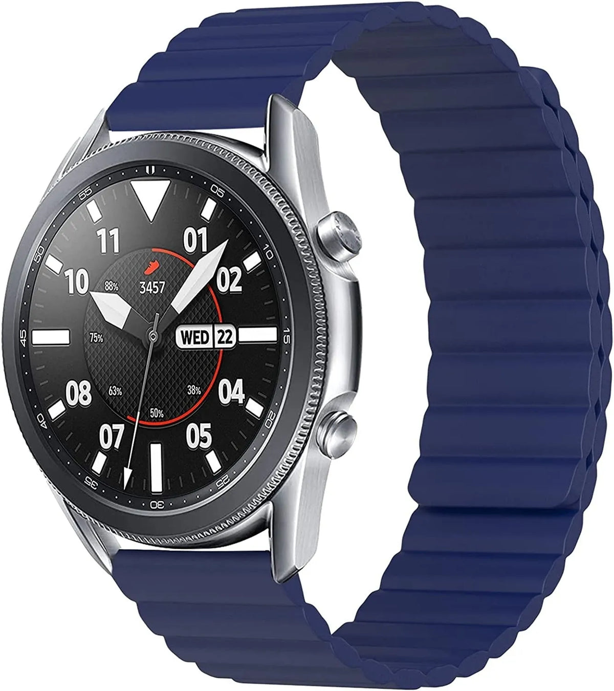 Magnetic Silicone Strap, blue, on a watch, 3/4 front view
