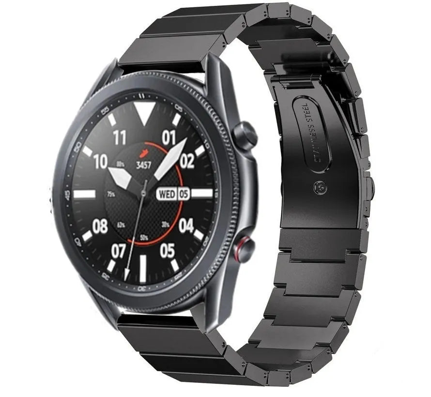 Premium Metal Strap, black, on a watch, 3/4 front view