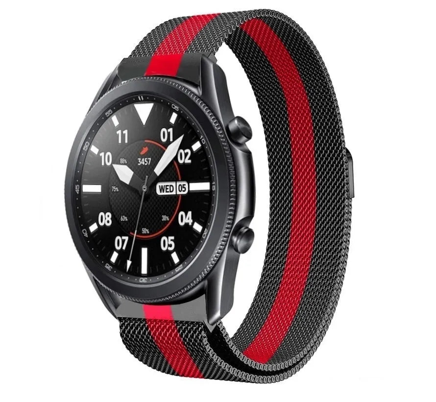 Milanese Strap, black/red, on a watch, 3/4 front view