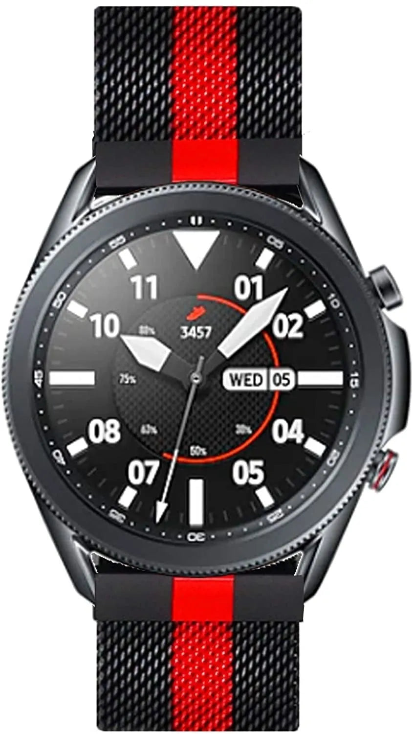 Milanese Strap, black/red, on a watch, 3/4 front view