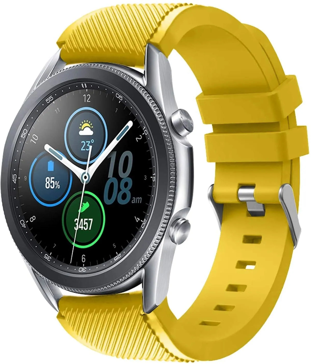 Twill Silicone Strap, yellow, on a watch, 3/4 front view