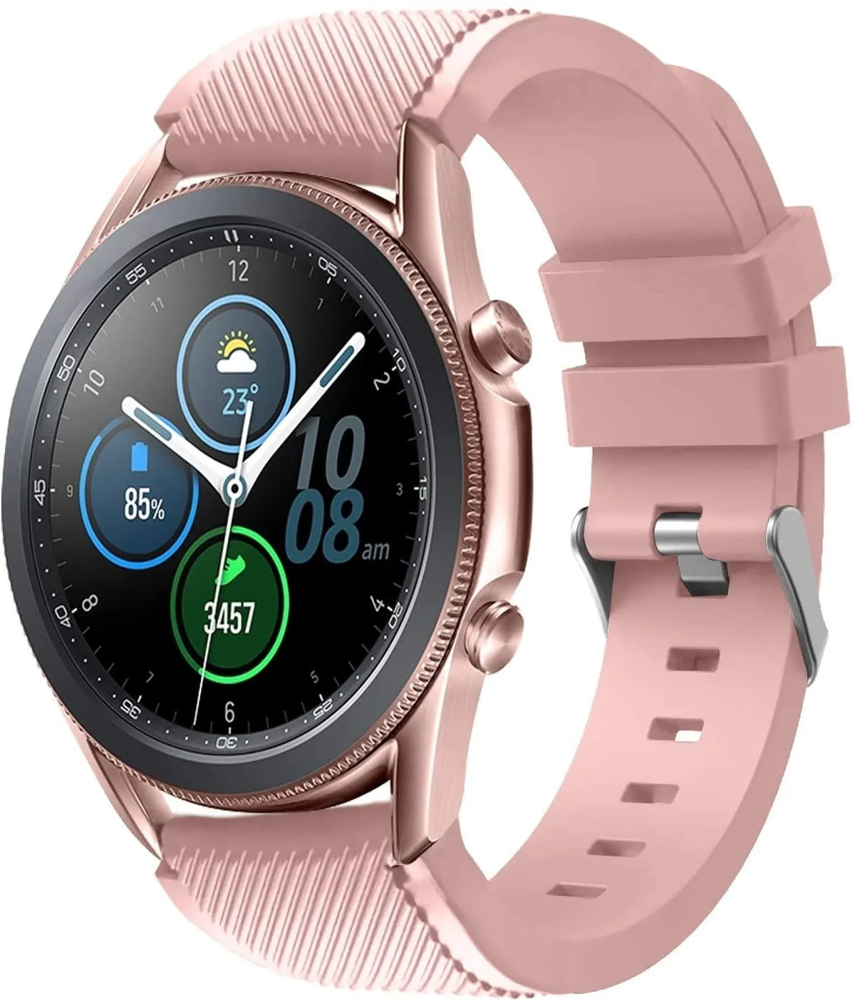 Twill Silicone Strap, pink, on a watch, 3/4 front view