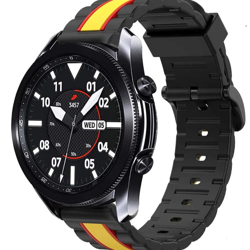 Silicone Special Edition Strap, black/yellow, on a watch, 3/4 front view