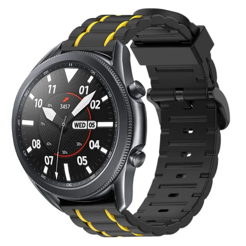 Silicone Sport Strap with Buckle, black/yellow, on a watch, 3/4 front view