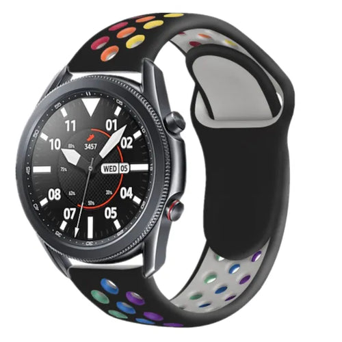 Silicone Sport Strap, black/colourful, on a watch, 3/4 front view